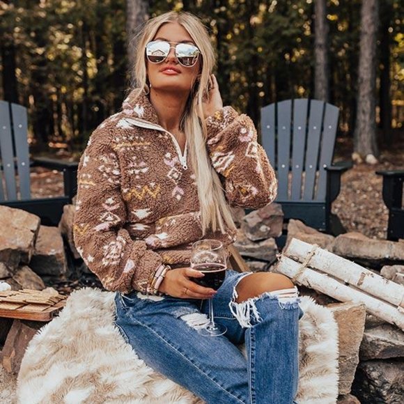 New Cozy Fleece Aztec Print Zip Up Jacket Coat - Picture 3 of 12